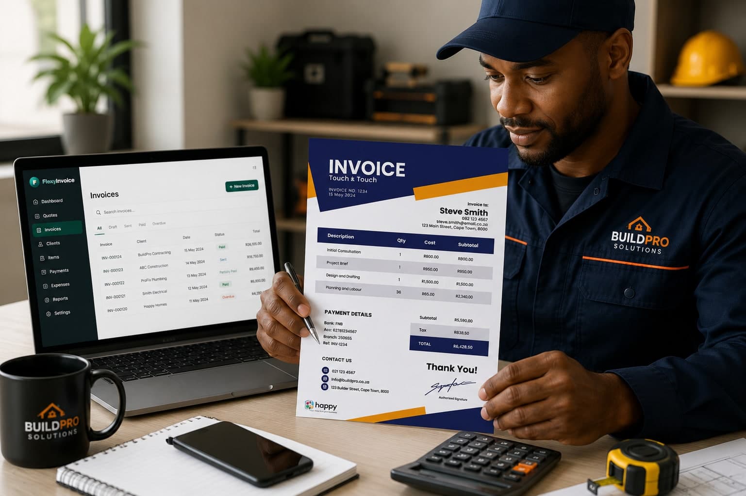 Contractor reviewing a printed invoice with the FlexyInvoice dashboard open on a laptop