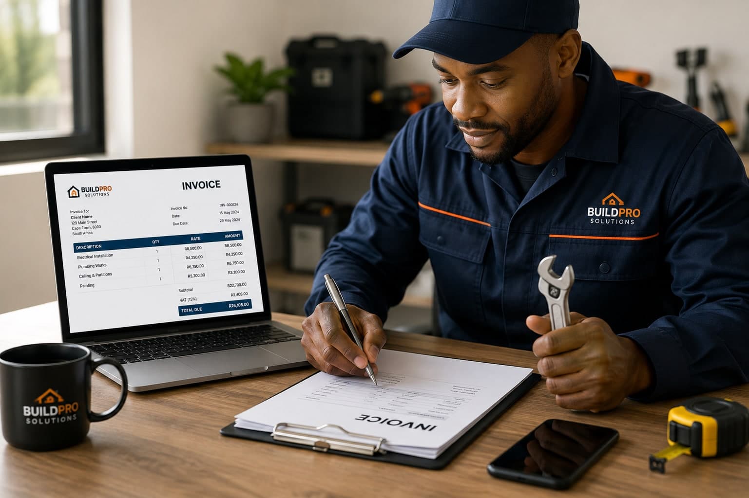 Contractor signing an invoice on a clipboard with a laptop showing the invoice nearby