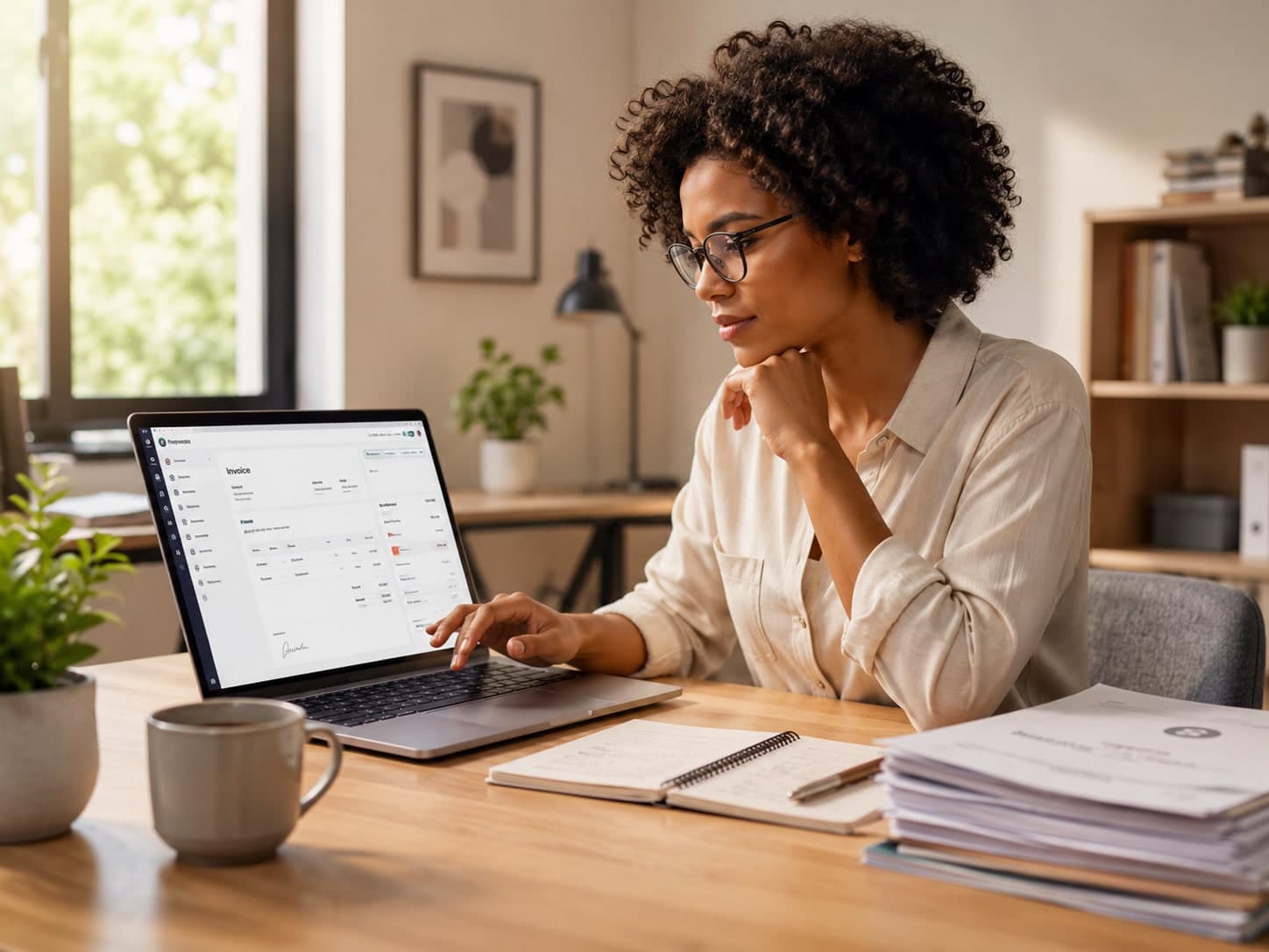 Freelancer reviewing an invoice on her laptop at a home office desk