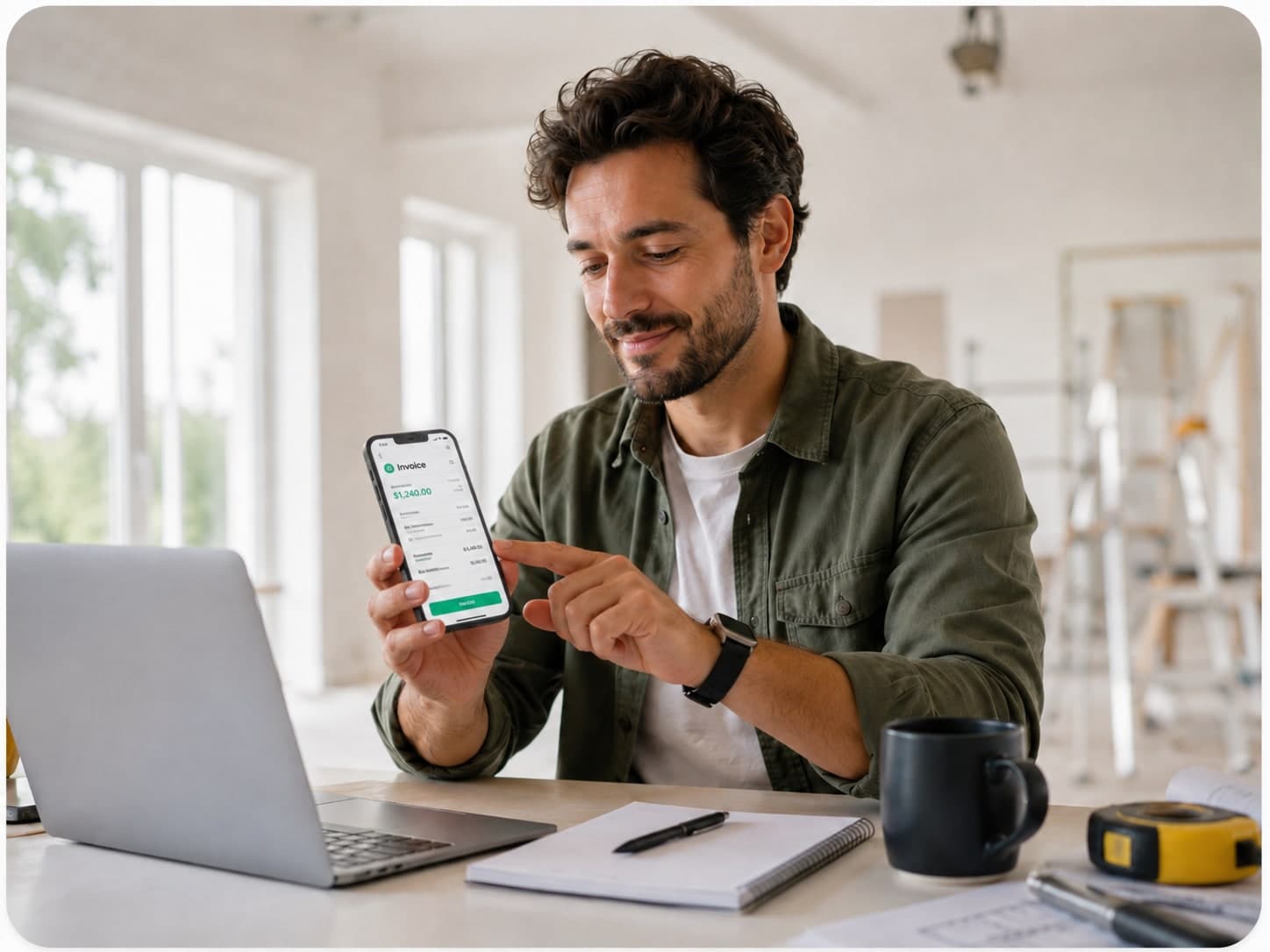 Freelance contractor reviewing an invoice on his phone at a desk with a laptop