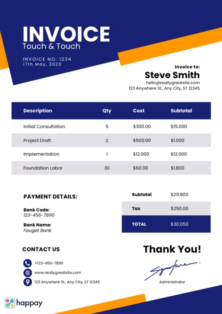 Example of a professional invoice showing line items, payment details, tax and total