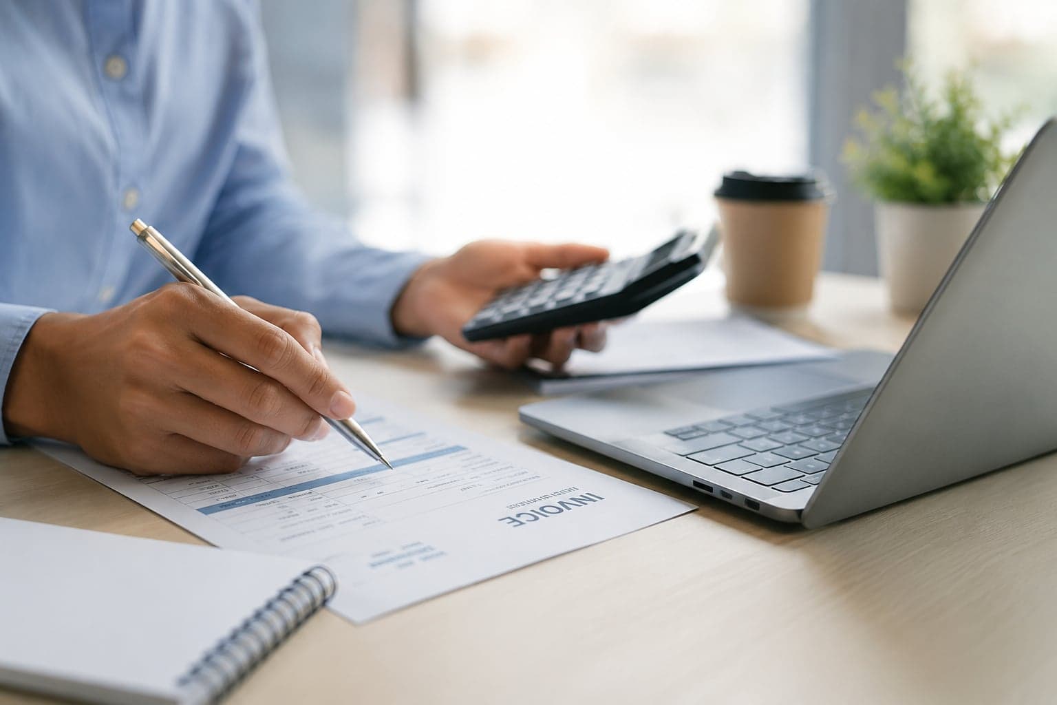 Small business owner filling out a paper invoice by hand next to a calculator and laptop