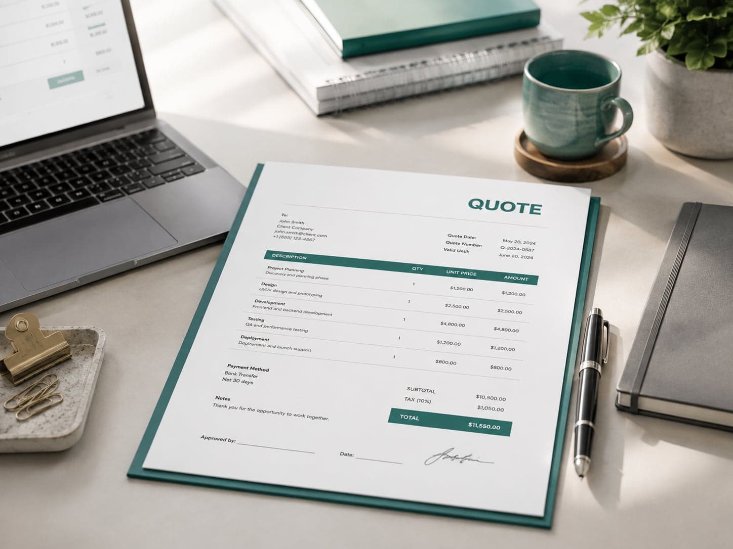 Printed quotation document on a teal folder beside a laptop and notebook on a desk