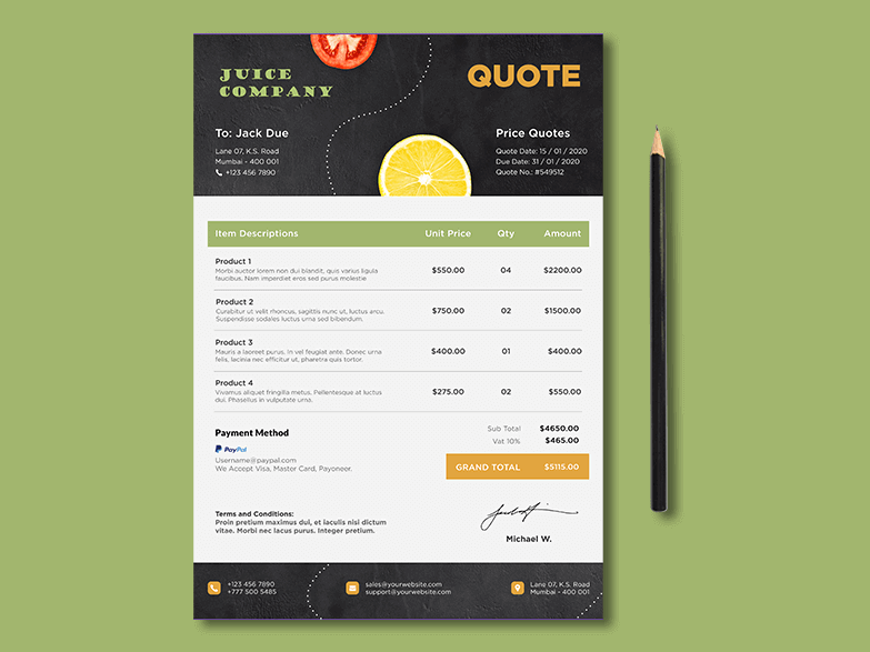 Professional quotation document with item descriptions, prices, terms and total
